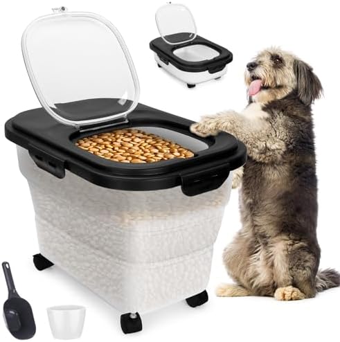 Dog Food Container, Collapsible Pet Food Storage Container 17-20 lb with Rolling Wheels & Airtight Lid, Plastic Storage Bin With Dog Food Scoop and Measuaring Cups by YECERCAN