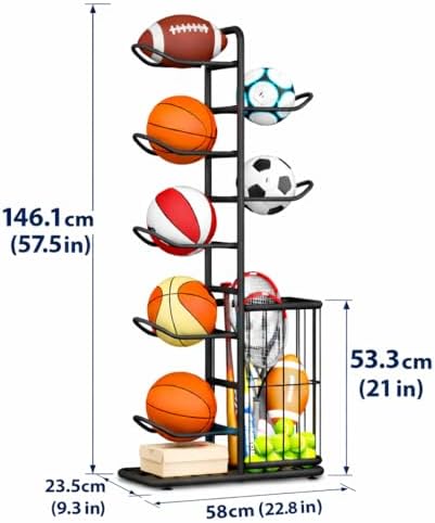 7-Ball Sports Equipment Storage Rack with Ball Holder and Basketball Rack, Athletic Gear Organizer ball Stand - Organize Toys, Sports Gear and More, 57.5" (Black) - Image 2