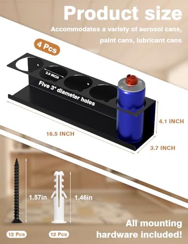 sogiv 4 Pack Spray Can Holder Organizer, Wall-Mounted Steel Spray Bottle Rack, Tool Box Storage Rack, 5 Cans Metal Paint Can Organizer for Garage, Workspace, Shop, Home or Tool Trailer, Black - Image 2