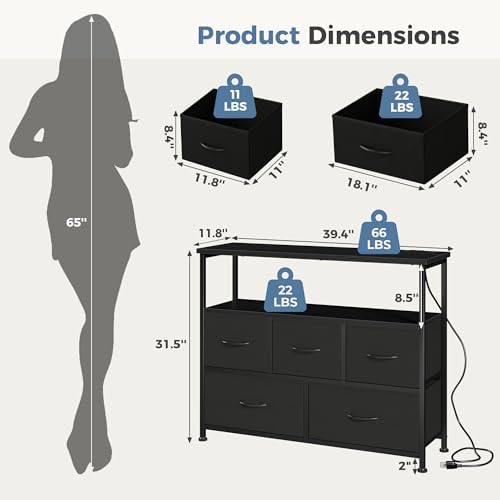 DUMOS TV Stand with 5 Fabric Drawers, Open Shelf & Charging Station - Image 3