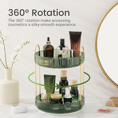 Rotating Makeup Organizer for Vanity, Perfume Skincare Lipstick Organizers for Bathroom Countertop, Clear Make up Storage for Dresser, Bathroom Cosmetics Organizer Storage 360 Spinning(2 Tier, Green) - Image 2
