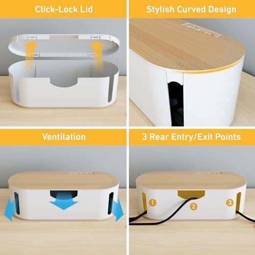 D-Line Cable Management Box, Power Strip Holder, Floor Outlet Hiders, Desk Cord Organizer, Cover TV Wires, Wire Storage, Extension Hider, Office Concealer for Cords - Large, Wood-Effect Lid - Image 5