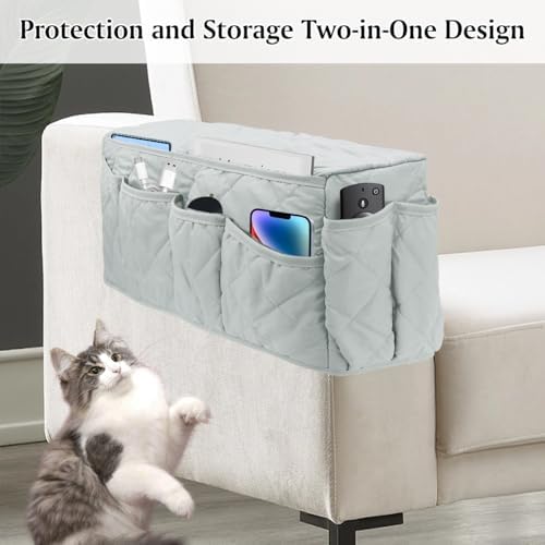 Remote Control Holder, Non Slip Bedside Armchair Caddy, Recliner Arm Caddy Armrest Organizer with 14 Pockets for Cell Phone TV Remote Control Magazines, Light Gray - Image 4