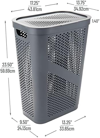 Mind Reader Slim Laundry Hamper with Lid, 60L Clothes Basket, Ventilated Plastic, Gray - Image 3