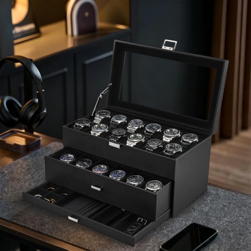 ProCase 3-Layer Watch Box with Glass Lid for Men, 24-Slot, Allblack - Image 6