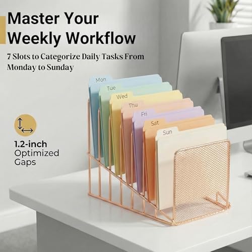 2 Pcs Incline File Sorter, 7 Slot Magazine Holder for Letter, Document, Folder and Book, Metal Desktop Organizer Rack for Home, School and Office (2-rose gold) - Image 3