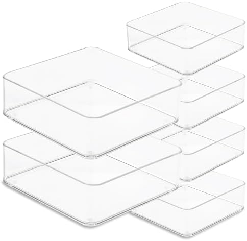primebox Plastic Clear Drawer Organizers. Bathroom, Kitchen, Bedroom, Makeup, Office Organizer Bins, Storage Trays. Heavy Duty, Stackable. 6" x 6" x 2" Set of 6 by primebox