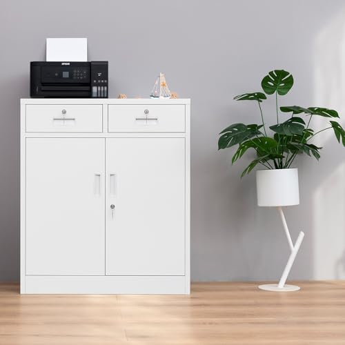 Wanfu Metal Storage Cabinet, Locking Storage Cabinet with Adjustable Shelf, 36" H Metal Cabinets with 2 Drawers for Office, Garage, Home-White - Image 2