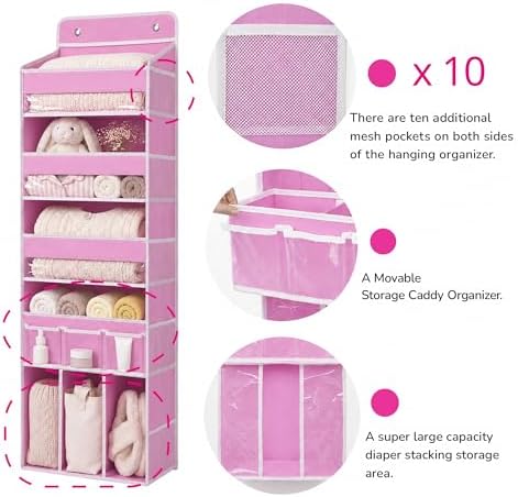 Door Hanging Storage Organizer with 3Bins1 Movable Baby Diaper Caddy,1Large capacity diaper stacking storage Organizer,10Side Pockets,Suitable to Store All Items,Bedroom Nursery Essentials. (Pink) - Image 4