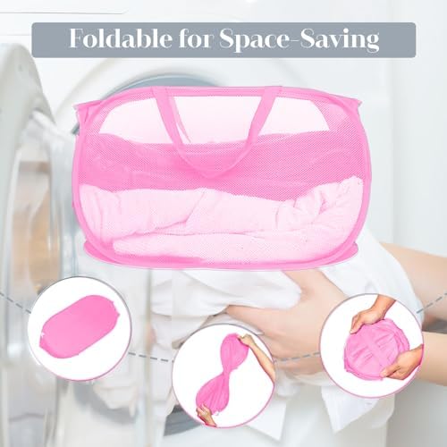 Durable Collapsible Laundry Baskets, Mesh Pop Up Laundry Hamper with Side Pocket, Foldable Clothes Hamper with Reinforced Carry Handles for Laundry, Bathroom, Kids Room, Dorm or Travel 2 Pack Pink - Image 6