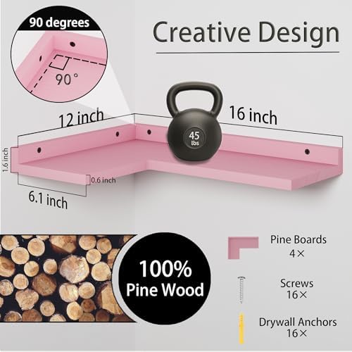 4 Tier Floating Corner Shelves Pink Set of 4, Rustic Pine Wooden Floating Corner Wall Shelf for Wall Décor Storage, L Shaped Corner Shelf Wall Mount for Bedroom, Living Room, Bathroom, Kitchen. - Image 2