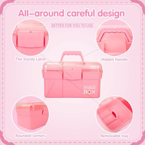 TERGOO 11in Mutipurpose Storage Box Organizer with Removable Tray, Portable Small Craft Organizer with Handle, Plastic Clear Tool Box Art Case for Makeup, Sewing, Nail, Hair Accessories (Pink) - Image 3