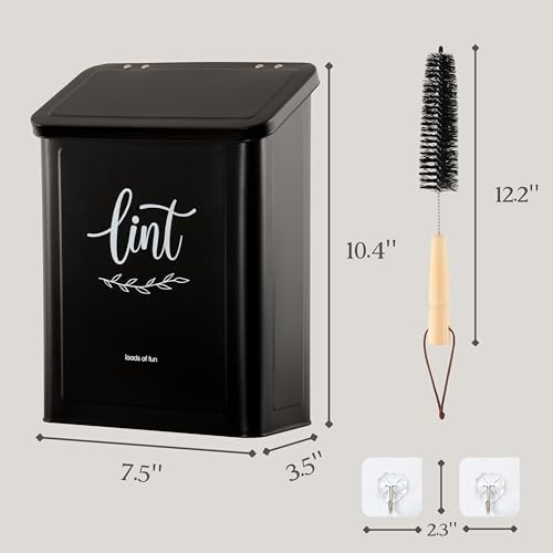 Perfnique Magnetic Lint Bin for Laundry Room with Lint Brush, Wall Mounted Lint Holder Trash can with lid for Dryer, Modern Farmhouse Rustic Metal Laundry Room Storage Organization and Decor(Black) - Image 3