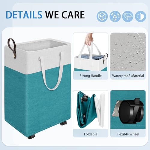 HomeHacks 90L Rolling Laundry Basket with 4 Wheels Collapsible Green - Image 3