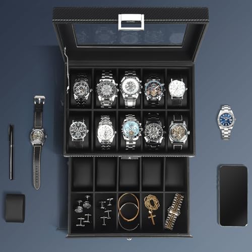 Watch Box for Men, 20 Slot Men's Watch Case with Transparant Glass Lid, Jewelry Box With Drawer, 2-Layer Watch Holder with Lock and Removable Pillows, PU Leather, Fathers Day Gift for Dad - Image 5