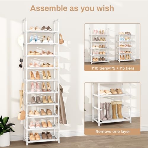 VTRIN 10 Tiers Tall Shoe Rack Holds 20-25 Pairs of Shoes Sturdy Vertical Shoe Organizer with 18pcs Hooks Stackable Narrow Shoe Rack for Closet, Entryway White - Image 5