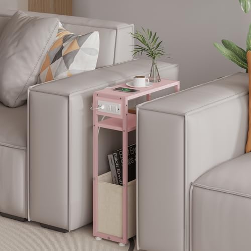 Leomonio Pink Side Table with Charging Station, Slim End Tables with Linen Basket, Skinny Table for Small Spaces, Thin Bedside Table for Living Room, Bedroom - Image 4
