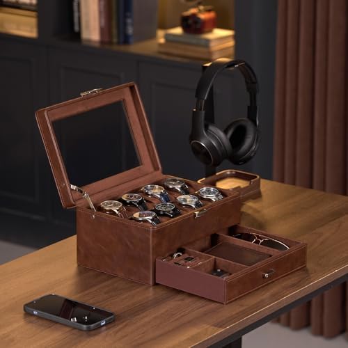 ProCase Premium Watch Box for Men, Jewelry Organizer Box with Drawer, Display Storage Case with Glass Lid -Brown, 8 Slot - Image 2