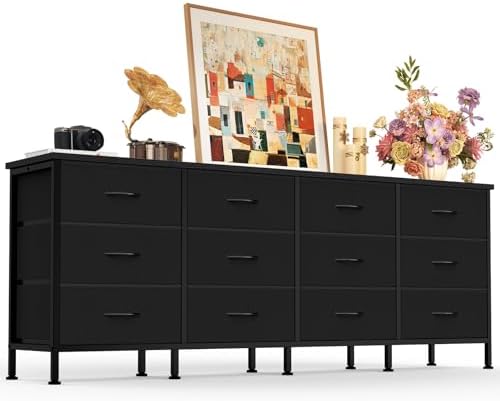 DUMOS TV Stand for Bedroom with Storage TV Stands for Living Room Black, 12 Drawer Dresser Farmhouse Entertainment Center for up to 80 Inch TVs, Media Console Table with Metal Frame Adjustable Feet by DumosLifestyle