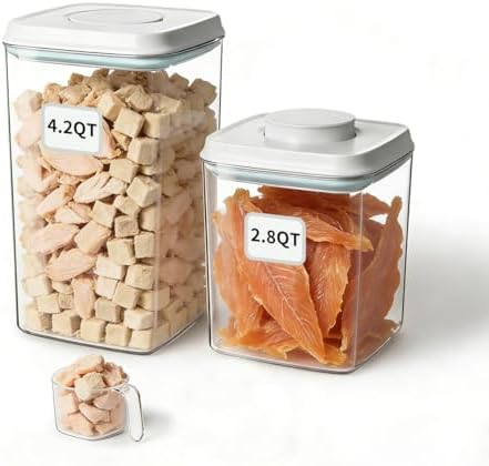 Dog Food Storage System with One-Touch Lid & Scoop, Mixed Size Set (2.8 QT / 2.65 L & 4.2 QT / 4.0 L) Cat Food Storage Container，Stackable Durable PET for Kibble, Treats & Complete Feeding by EQI