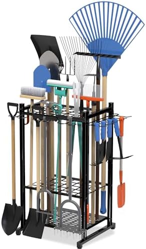 Sttoraboks Garden Tool Organizer Rack Up to 50 Tools, Heavy-Duty Steel Yard Tool Organizer for Garage Storage with 11 Hooks, Broom Holder & Garden Tool Rack for Shed, Patio, Outdoor Use, Black by Sttoraboks
