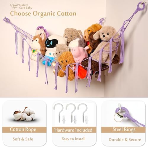 YKBU Stuffed Animals Hammock Corner Hanging Net for Macrame Stuffed Animal Storage Plush Toy Holder Toy Organizer for Boho Nursery Playroom Bedroom (purple, Large) - Image 3