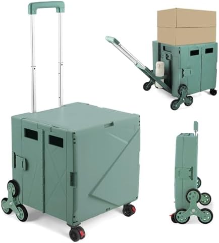 76L Folding Utility Cart Portable Rolling Crate Handcart Shopping Collapsible Tool Box with Stair Climbing Wheels,Hidden Lid,2 Rotate Wheels,for Grocery,Shopping,Office,Storage(Dark Green) by ZIYOULANG