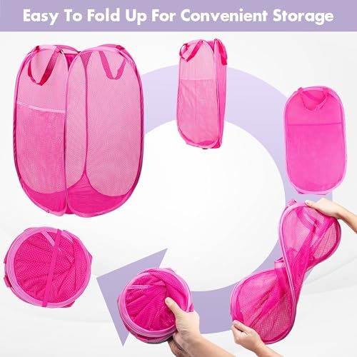 2 Pack Pop Up Laundry Hampers, 70 L Collapsible Foldable Mesh Basket, Pink - Image 5