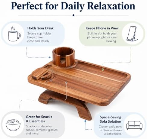 Couch Cup Holder Tray, 3 in 1 Acacia Wood Sofa Arm Clip On Tray Table with 360° Rotating Phone Holder | Couch Armrest Tray for Sofa, Recliner & Chair, Wood Side Table Tray with Drink Holder - Image 7