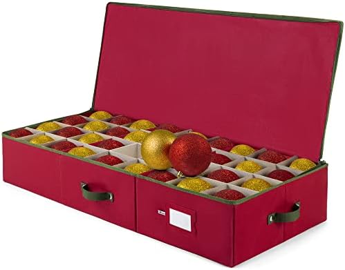 ZOBER Underbed Christmas Ornament Storage Box - Stores 72 Large 4" Ornaments, With Dividers - Tear Proof 600D Oxford Fabric, Ornament Organizer Storage Box, Durable Christmas Containers Holder - Red by ZOBER