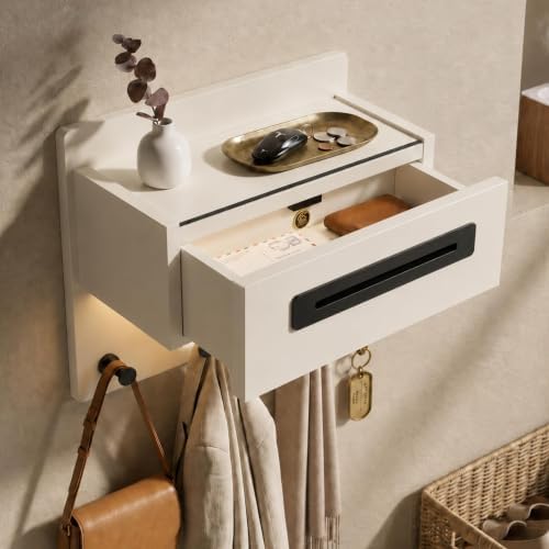 Wall Mounted Entryway Organizer with Drawer, Storage Shelf, Light and Coat Hooks, Entryway Drop Zone for Keys, Mail and Bags, Matte Warm White by CANCHICHomeDecor