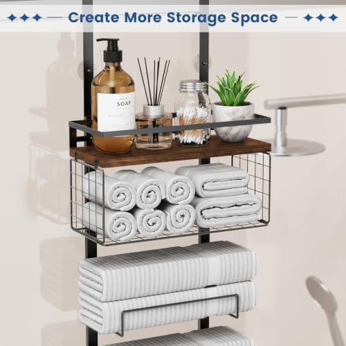 Aetyord Towel Racks for Bathroom Over The Door Towel Racks Towel Storage Organizer with Metal Shelf Basket for Bathroom Rv Camper (9-Tier Black with Brown Plank) - Image 4