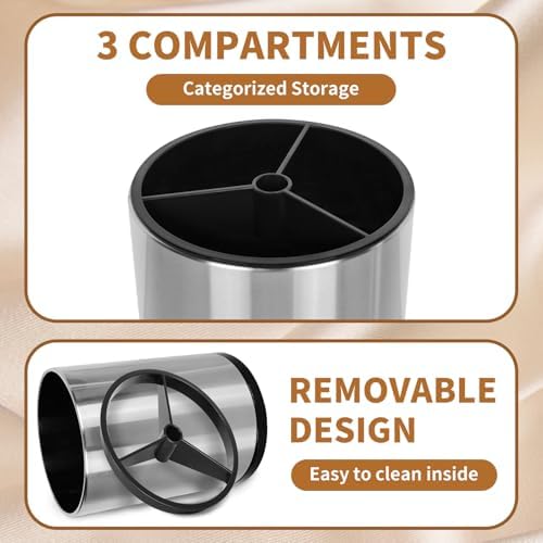 Nigelia Set of 2, Extra Large Kitchen Utensil Holder, 360° Rotating Stainless Steel Cooking Utensil Holder for Countertop, 3 Compartment Flatware Organizer (Silvery) - Image 5