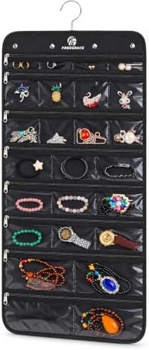 Freegrace Hanging Jewelry Organizer, 25 Zippered Pockets, 23 Necklace Hooks by Freegrace