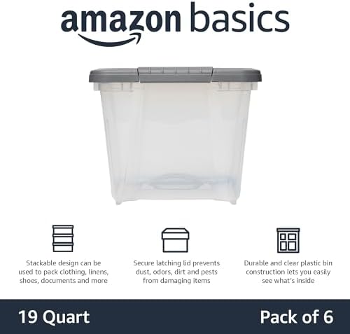 Amazon Basics Plastic Storage Containers with Secure Latching Lids, Stackable Organization Bins, Clear/Grey, 19 Quart, Set of 6 - Image 2