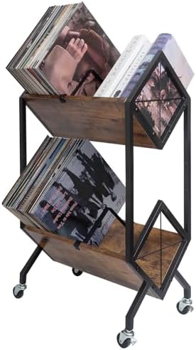 SwaaVee Vinyl Record Storage Holder with Wheels, 2-Tier Record Holder 160-200 LP with Dividers, Retro Style Quick Assembly Vinyl Record Display for Albums, Magazine, Book, Files(2 Tier- Rustic Brown) by SwaaVeeYourBestOrganizingHelper