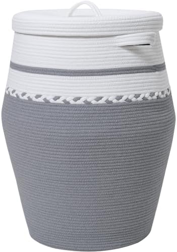 26"x20" Cottonphant Extra Large Tall Woven Laundry Basket with Lid, Cotton Rope Blanket Storage Basket, Freestanding Decorative Bin for Bedroom Living Room, White & Grey by Cottonphant