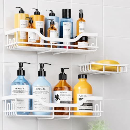OMAIRA 3-Pack Shower Caddy with Soap Holder, Adhesive Rustproof No-drill Strudy Loading Inside Shower Organizer Shelves Rack Storage Bathroom Organization for Smooth Wall Glass Tile, White by OMAIRA