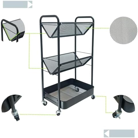 Small 3-Tier Metal Rolling Bookshelf Cart-Standing File Rack,Black - Image 4