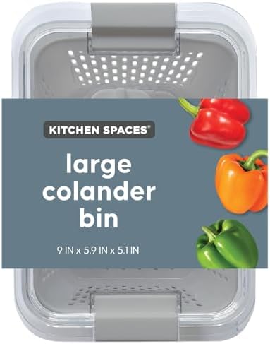 Kitchen Spaces Colander Bin, Produce Saver, Fridge Organizer With Lid, Wash, Strain and Store, Great for Refrigerator, Freezer and Pantry, Large, Gray by KitchenSpaces