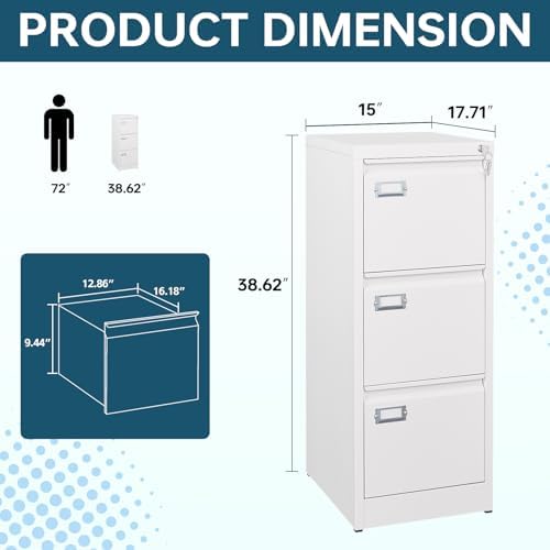 MIIIKO 3 Drawer File Cabinet, White Vertical Filing Cabinets with Lock, Home Office File Folders Storage Cabinet for Letter Legal A4 File Size - Image 3