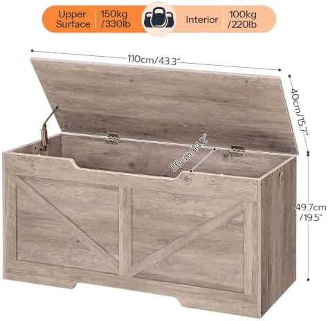 HOOBRO Storage Bench, 43.3” Retro Wooden Storage Chest with U-Shaped Cut-Out Pull, Safety Hinge, Supports 330 lb and Easy Assembly for Toy Box Organizer (Greige) BG772CW01G1 - Image 6