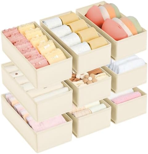 DIMJ Drawer Organizer Clothes - Underwear Organizer Small Sock Organizer Closet Organizers and Storage Box Dresser Drawer Dividers for Baby Clothes, Bra, Socks, Belt, Tie, Set of 9, Beige by DiMJ