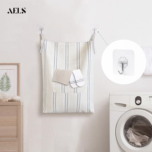 AELS Farmhouse Hanging Laundry Hamper with 2 Hooks, Boho Beige & Blue Stripes Laundry Bag with Zipper & Wide Open Top, Over the Door Organizer for Dirty Clothes, Washable Space Saving Storage - Image 7