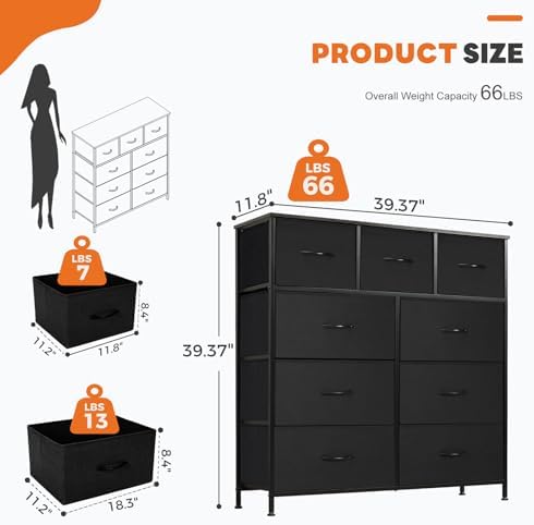 Sweetcrispy 9-Drawer Fabric Dresser Storage Tower with Wood Top, Black - Image 3