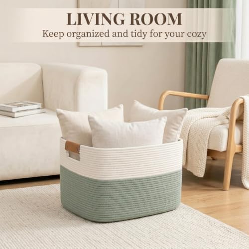 Danpinera 70L Large Woven Blanket Basket for Living Room White & Sage Green - Image 3