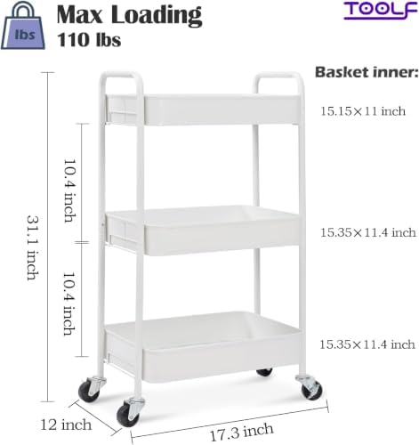 TOOLF 3 Tier Metal Rolling Cart, Utility Storage Cart with Wheels, White - Image 2