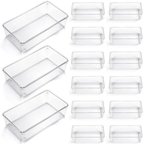 Maitys 12 Pcs Clear Drawer Organizer 9 x 6 x 2 Inches Plastic Rectangle Trays Makeup Vanity Storage Bins and Kitchen Drawers Dividers for Office Desk Silverware Kitchen Utensils by Maitys