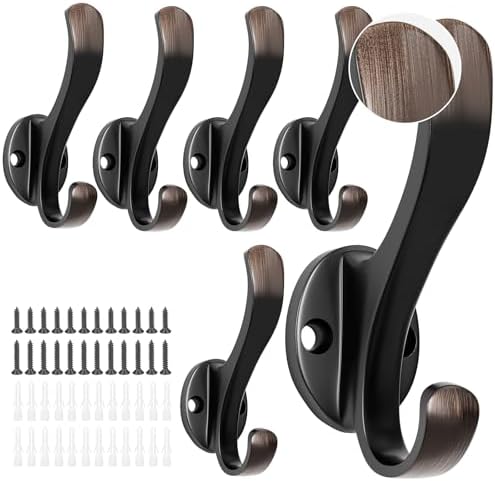 Heavy Duty Coat Hooks - 6 Pack Aluminum Alloy Oil Rubbed Bronze Towel Hooks for Wall Mounted Hanging Jacket, Clothes, Bags, Hat | Metal Utility Hangers for Farmhouse Entryway Mudroom Bathroom Garage by Unknown