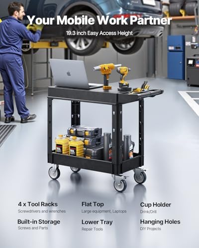 VEVOR Utility Cart, 550 lbs Load Capacity, 31.3 x 17.7-inch Service Cart, Two-Shelf Heavy Duty Plastic Utility Cart with 360° Swivel Wheels (2 with Brakes), Suitable for Warehouse, Garage, Cleaning - Image 2